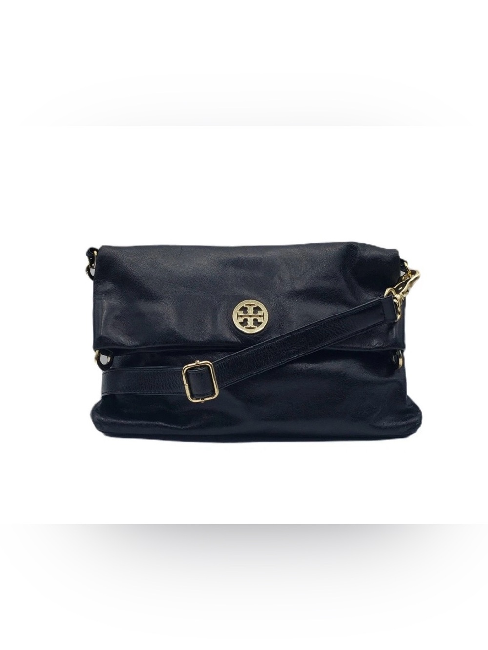 Tory Burch Dena Black Leather Fold Over Messenger Bag Crossbody Purse